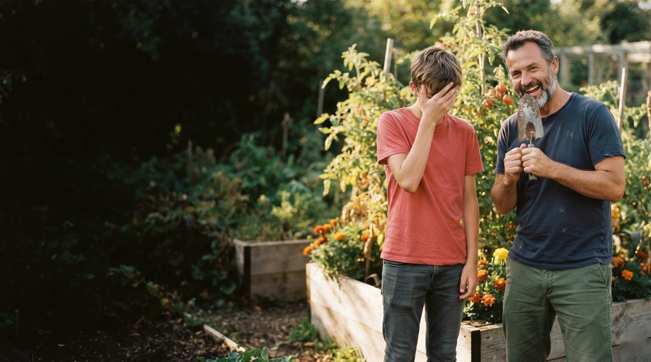 A teenage boy covers his face in a groan while his laughing father holds a garden trowel like a microphone in a vegetable garden