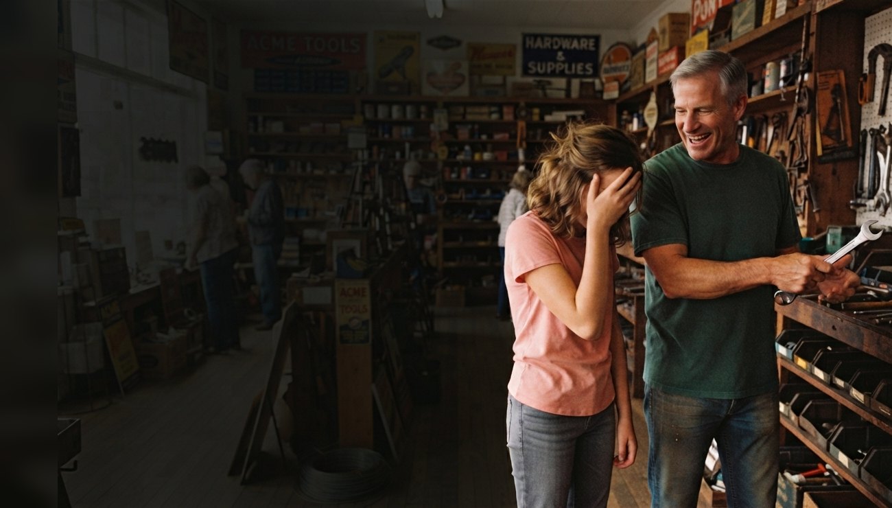 A girl groans behind her hand while her laughing father holds up a wrench in a hardware store