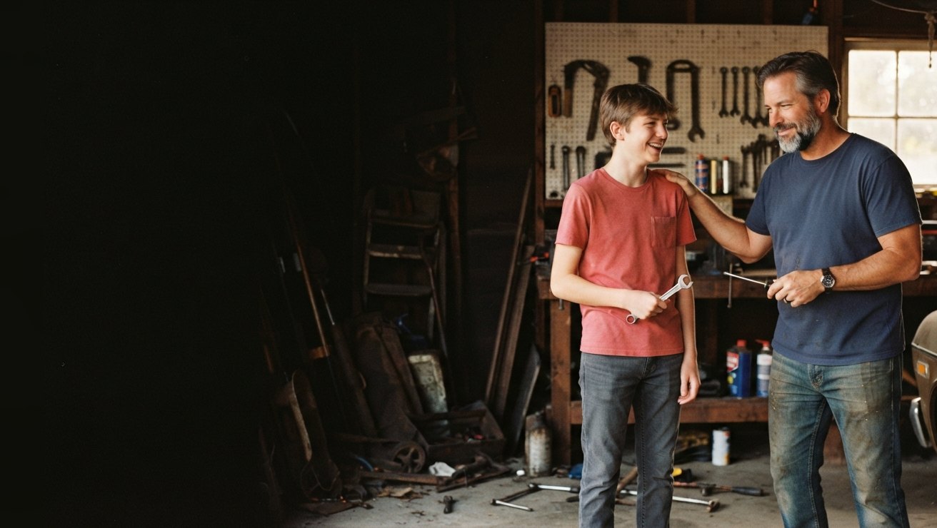 A grinning teenage boy holds a wrench in a garage while his father rests a hand on his shoulder