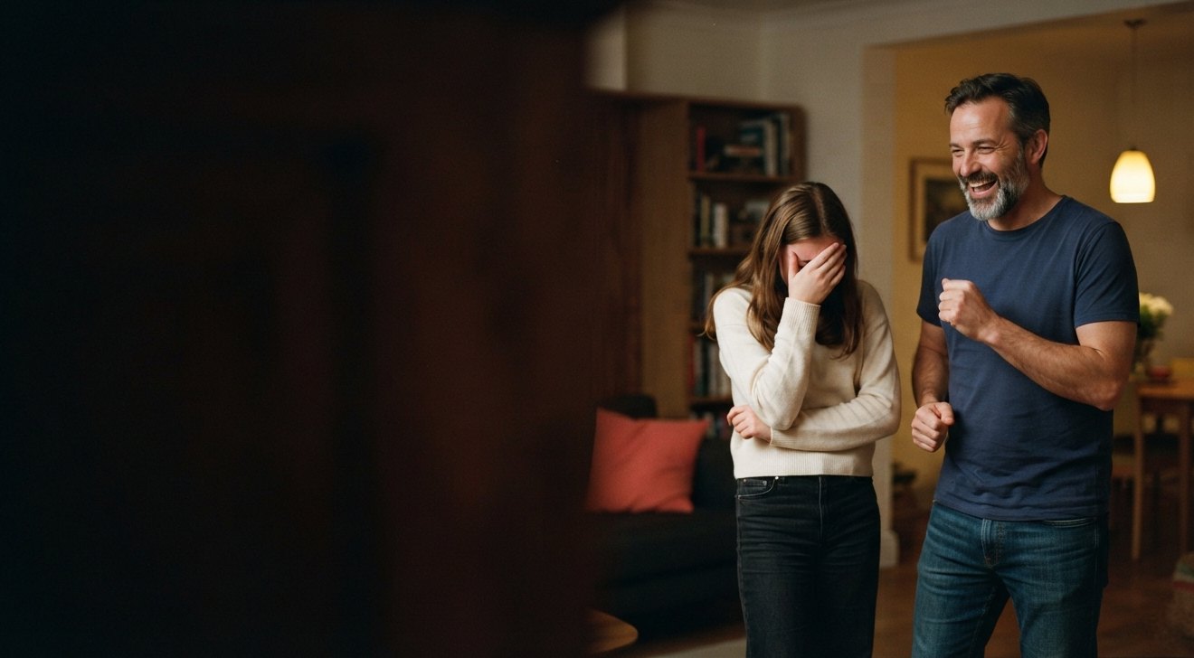 A daughter covers her face in a groan while her father laughs in the living room